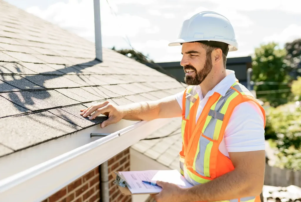 A roofer wearing a white hard hat and a neon safety vest inspects the shingles of a roof while holding a clipboard and pen.