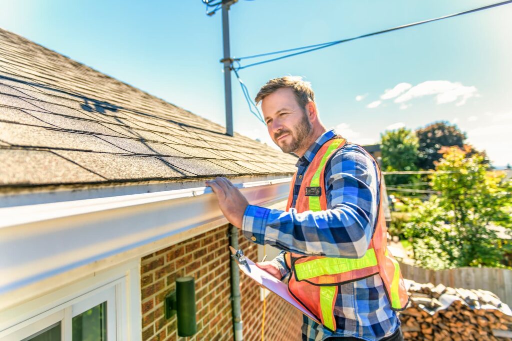 A roofer wearing a high-visibility vest inspects a house's gutter. He is standing on a ladder, holding a clipboard, and appears to be evaluating the gutter's condition as part of comprehensive roofing services.