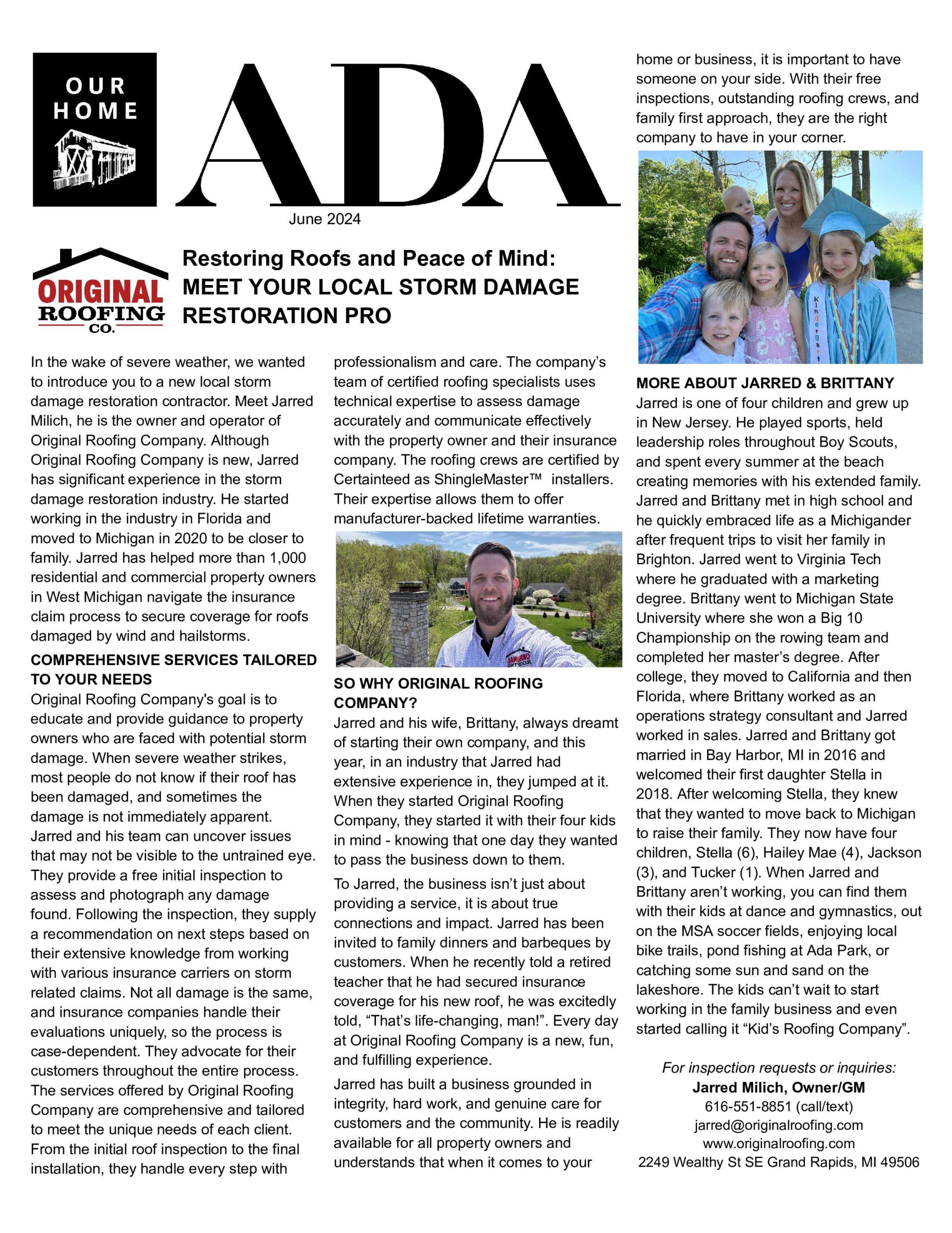 Newsletter titled "ADA" for June 2024 featuring articles about a local storm damage restoration company. Includes a section introducing Jared & Brittany, discussing their expertise and services.